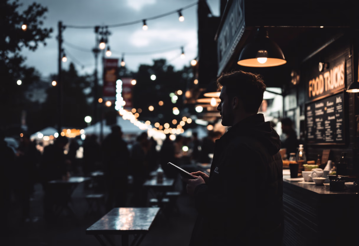 moody atmosphere of a bustling food truck festival